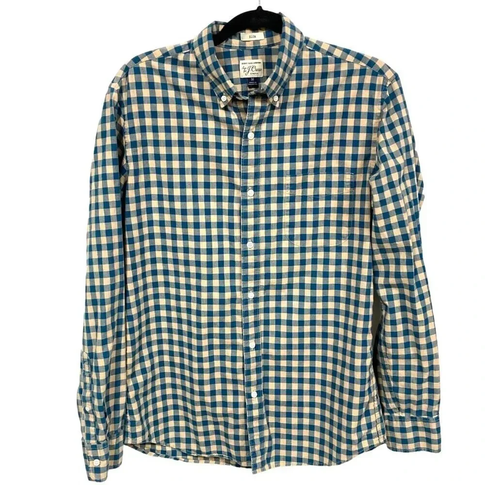 J. Crew Men’s Stretch Button Down Blue & Tan Checked Shirt, Medium Slim